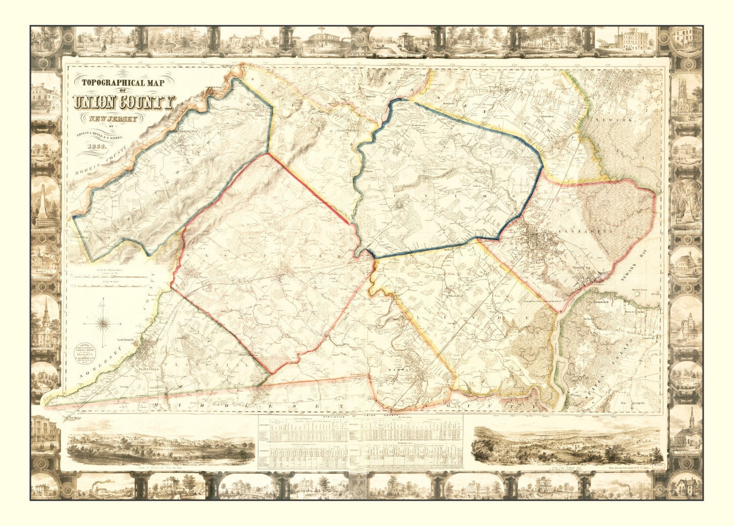 Vintage Map of Union County, New Jersey, 1862