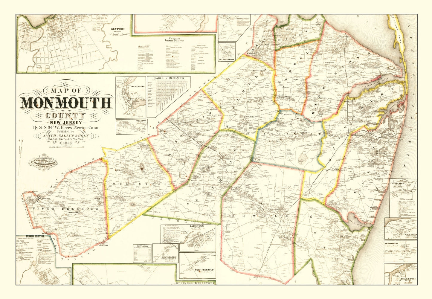 Vintage Map of Monmouth County, New Jersey, 1861