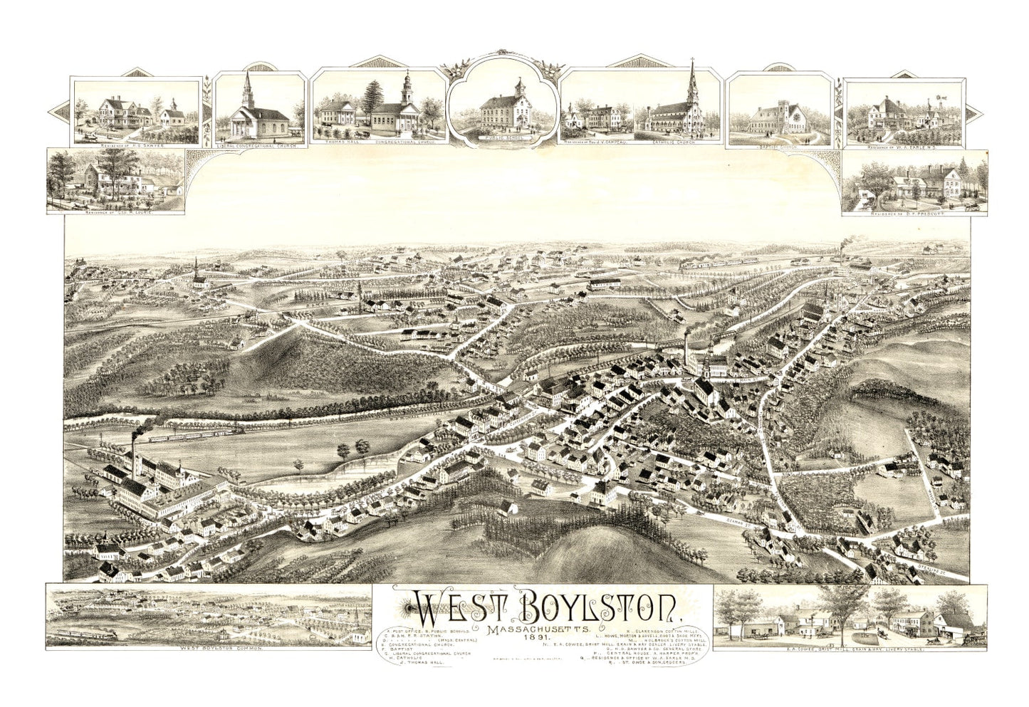 Vintage Map of West Boylston, Massachusetts, 1891
