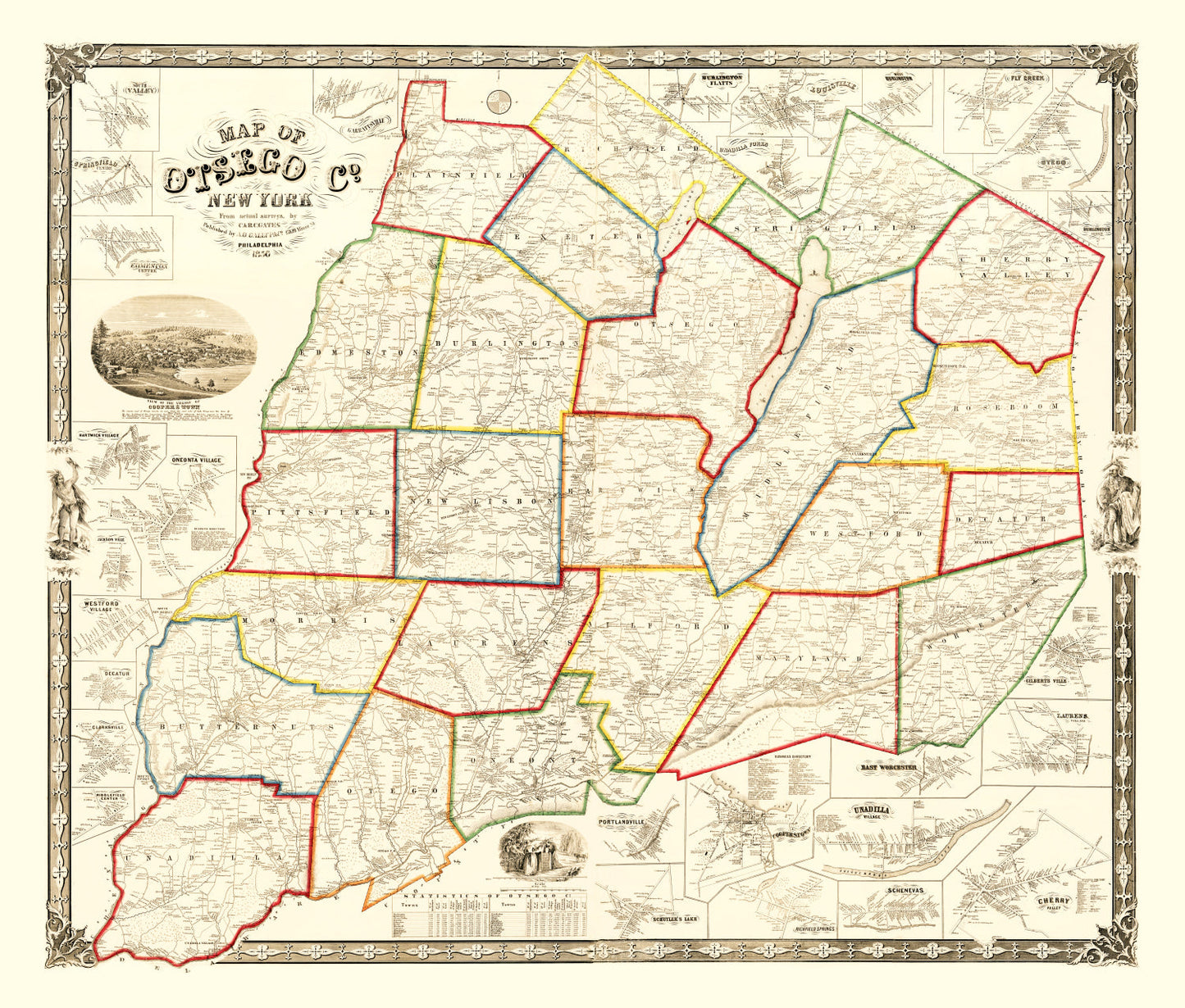 Vintage Map of Otsego County, New York, 1856
