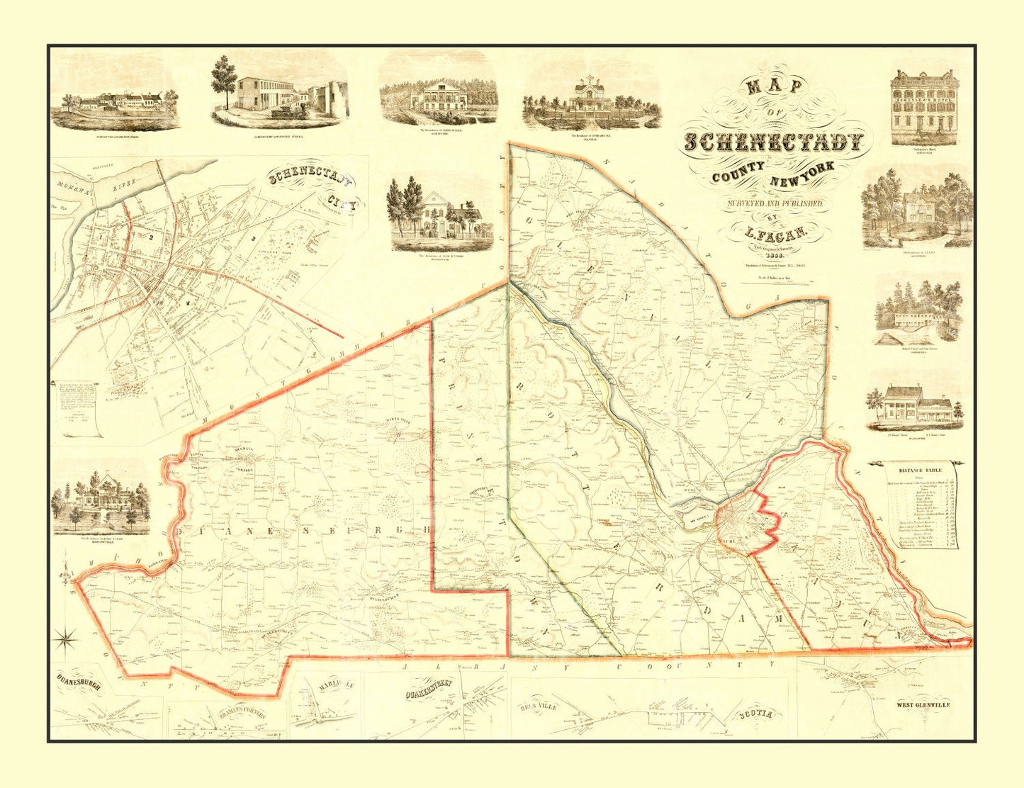 Vintage Map of Schenectady County, New York, 1856
