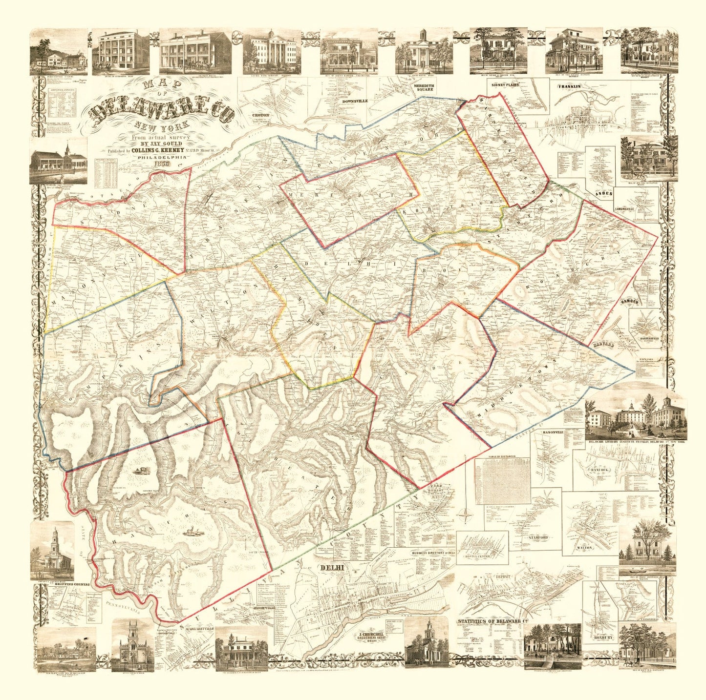 Vintage Map of Delaware County, New York, 1856