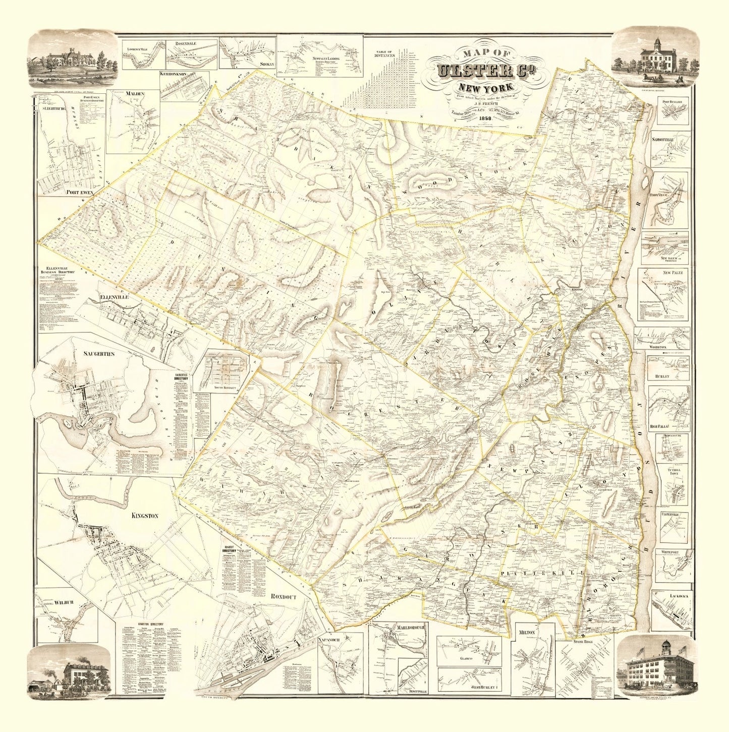 Vintage Map of Ulster County, New York, 1858