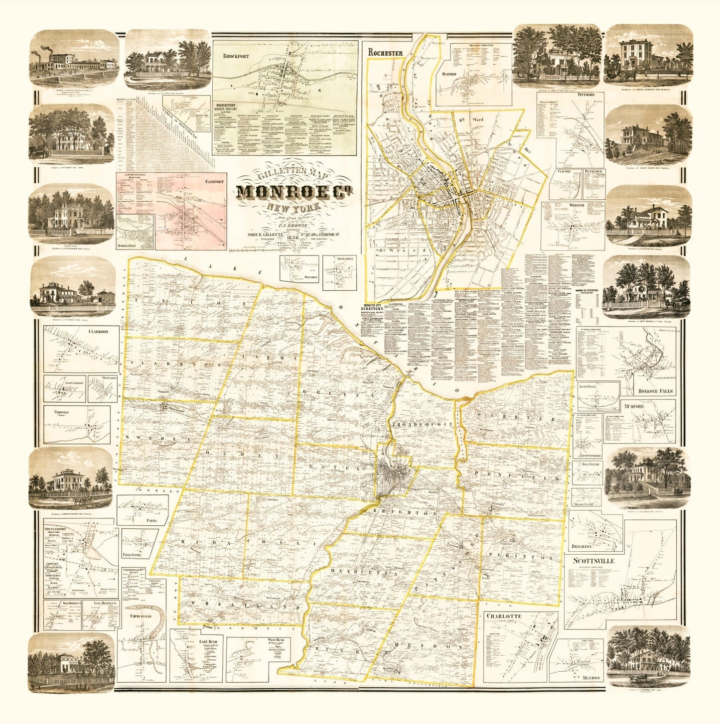 Vintage Map of Monroe County, New York, 1858