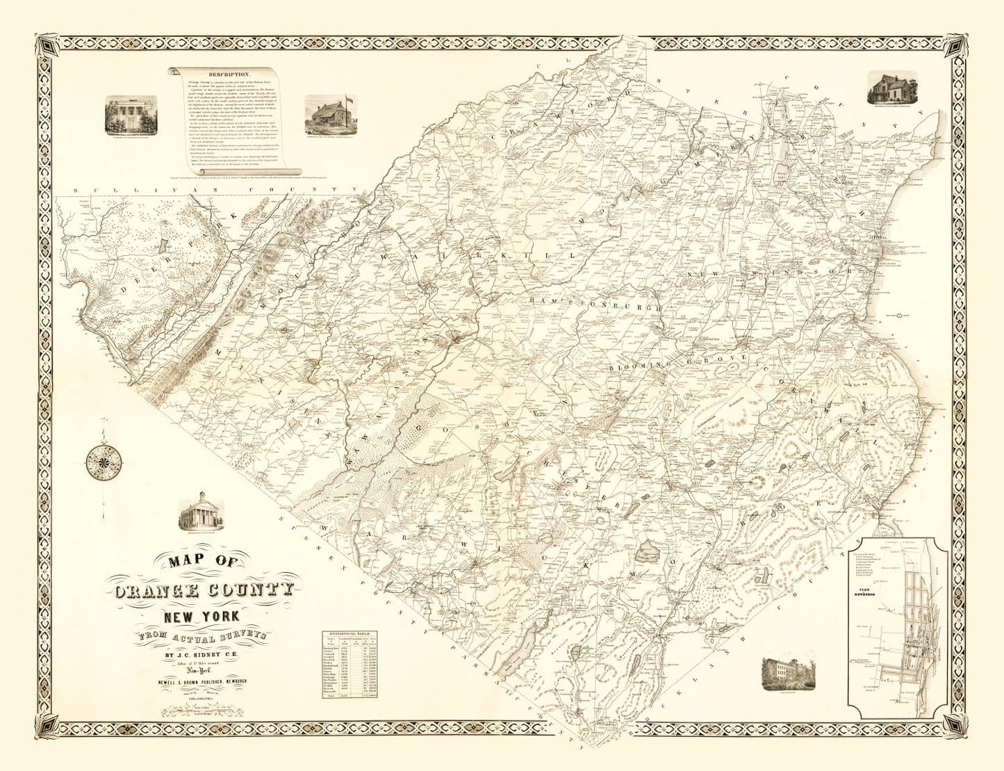 Vintage Map of Orange County, New York, 1851