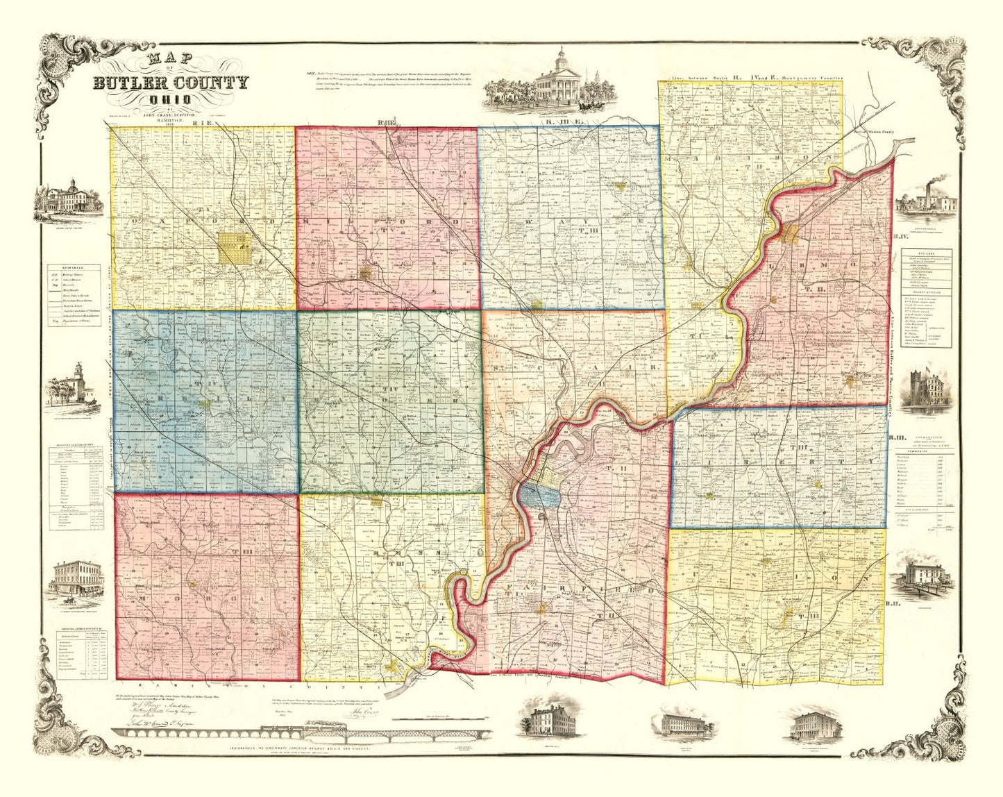 Vintage Map of Butler County, Ohio, 1855 Wall Art