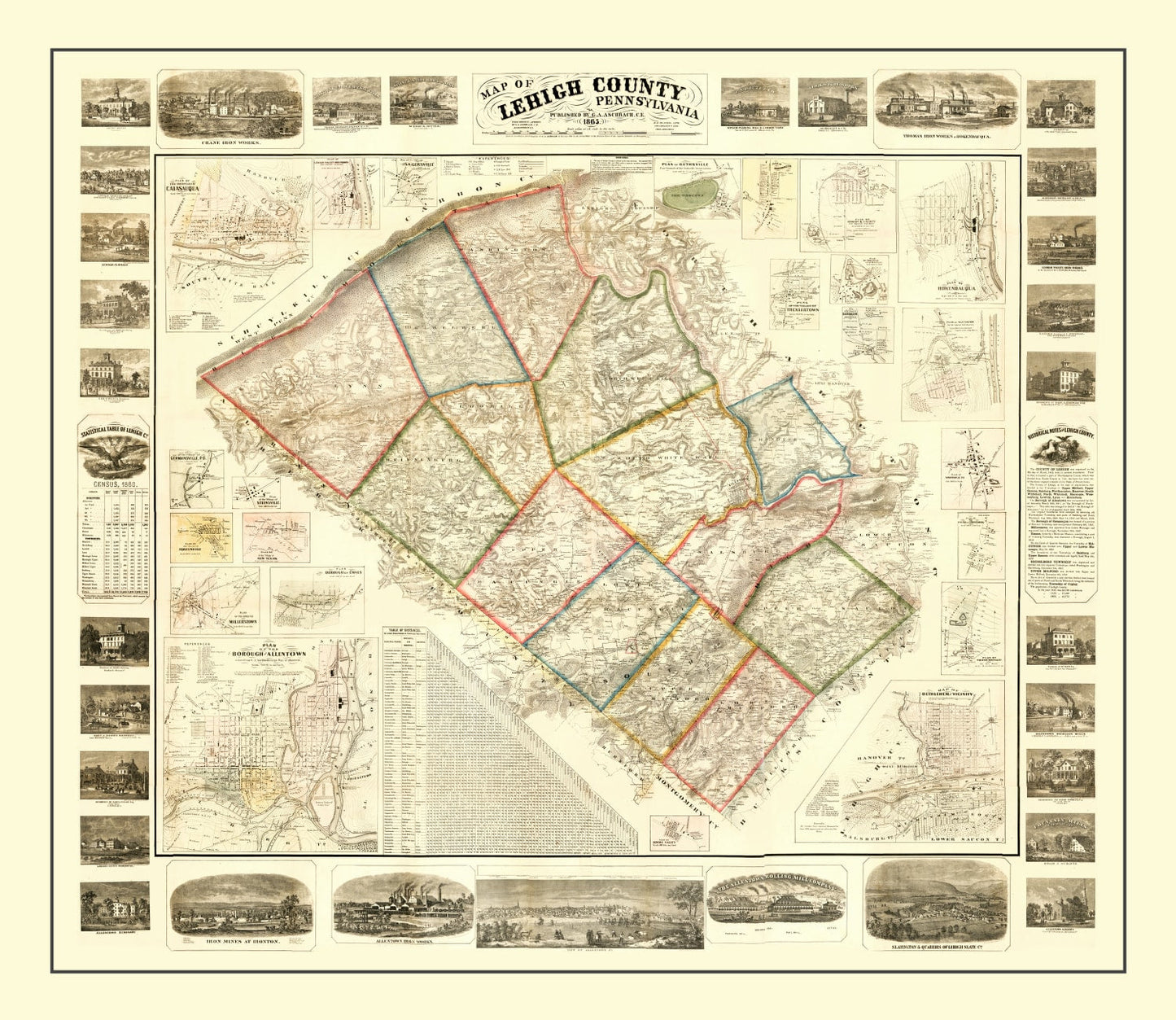 Vintage Map of Lehigh County, Pennsylvania, 1865