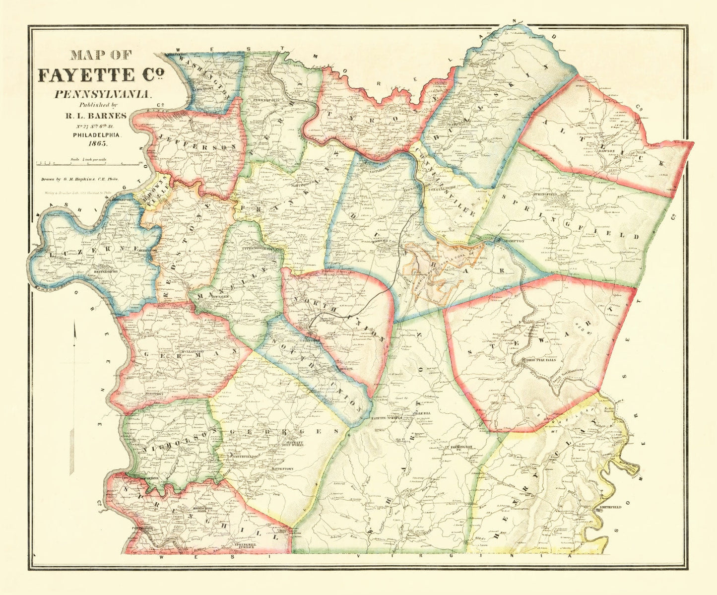 Vintage Map of Fayette County, Pennsylvania, 1865