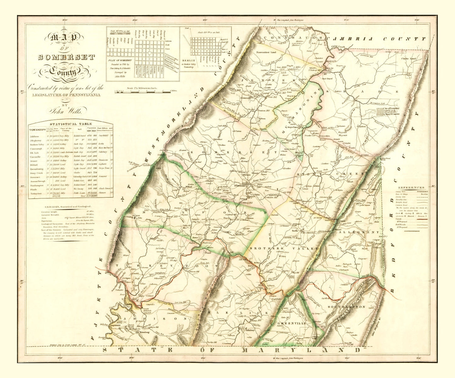 Vintage Map of Somerset County, Pennsylvania, 1830