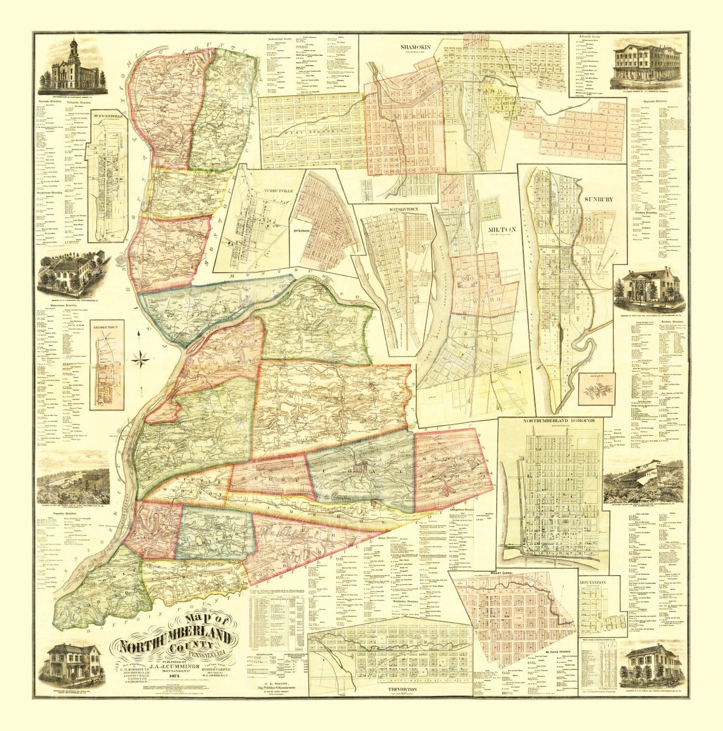 Vintage Map of Northumberland County, Pennsylvania, 1874