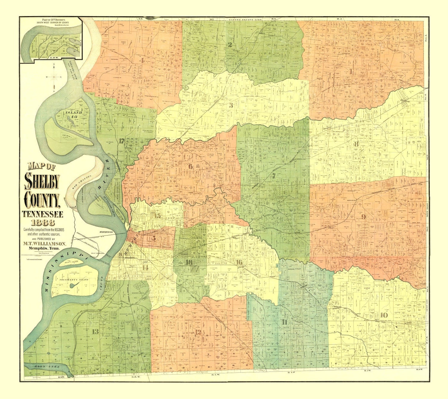 Vintage Map of Shelby County, Tennessee, 1888