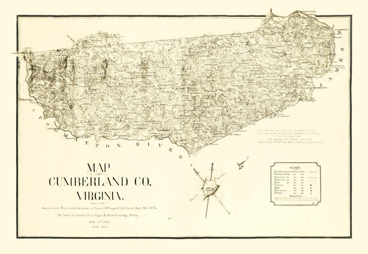 Vintage Map of Cumberland County, Virginia, 1864
