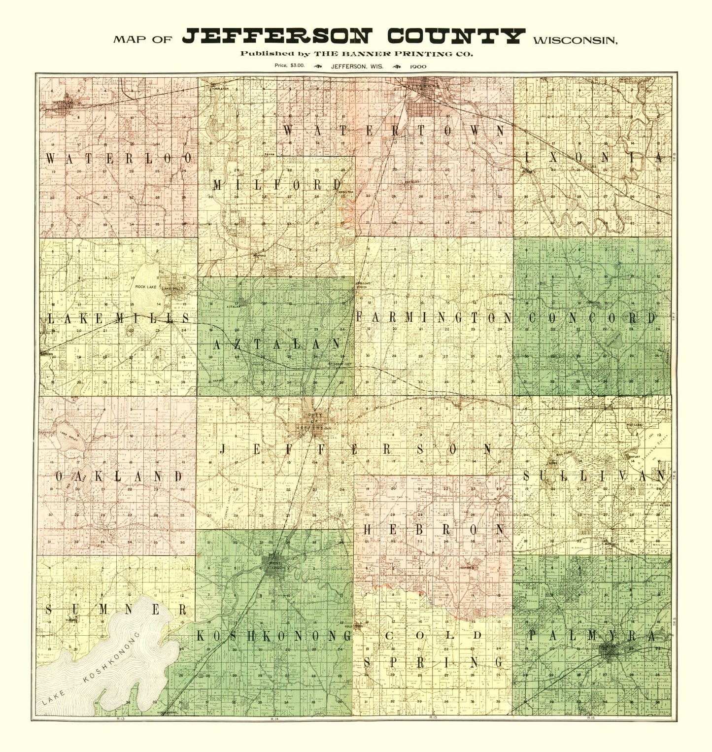 Vintage Map of Jefferson County, Wisconsin, 1900