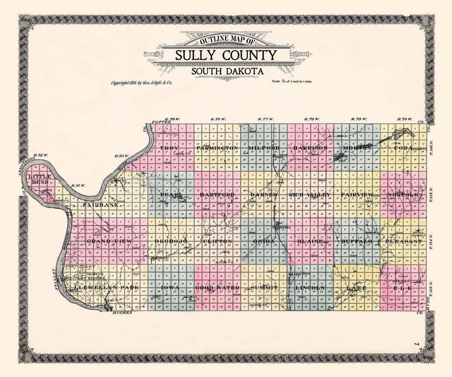 Vintage Map of Sully County, South Dakota, 1916