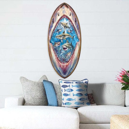 Shark Surfboard Wood Wall Art - Coastal Ocean Decor