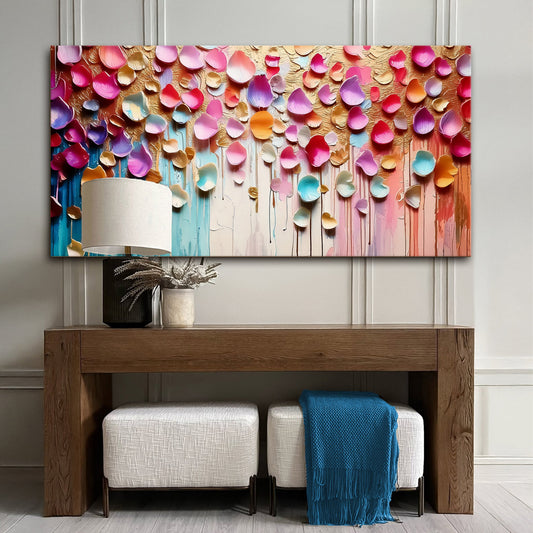 Pink and Purple Petals over Turquoise Drips canvas shown in a styled room setting, view 2