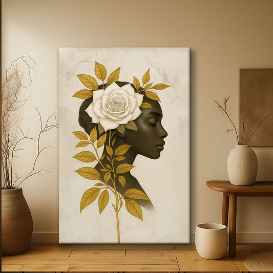 Woman in Gold With a White Rose canvas shown in a styled room setting, view 2