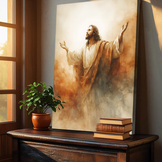 Risen Jesus Arms Raised canvas shown in a styled room setting, view 2