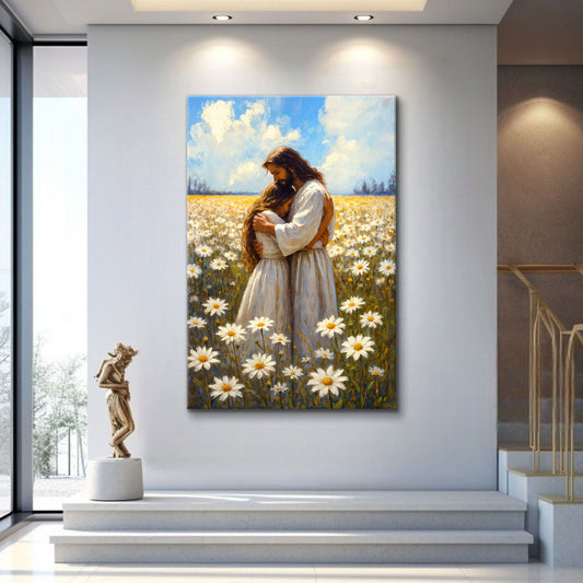Jesus Holding a Woman Among White Daisies canvas shown in a styled room setting, view 2
