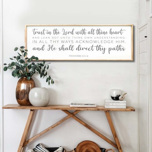 Proverbs 3:5-6 Trust in the Lord Soft Gray Script canvas shown in a styled room setting, view 2