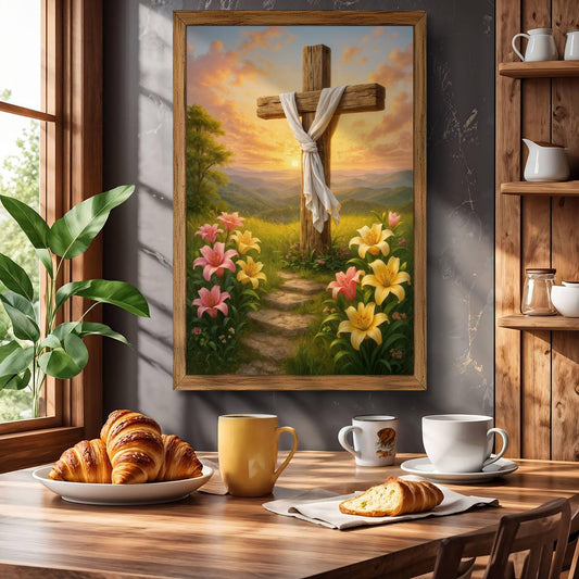 Rugged Cross and Lilies Sunset Path canvas shown in a styled room setting, view 2