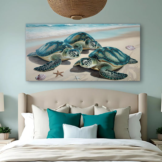 Two Sea Turtles on the Sand with Starfish canvas shown in a styled room setting, view 2
