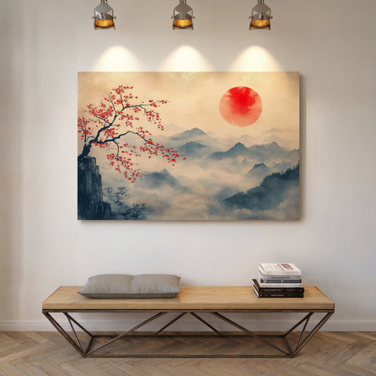 Japanese Red Sun and Misty Mountain Wall Art Print