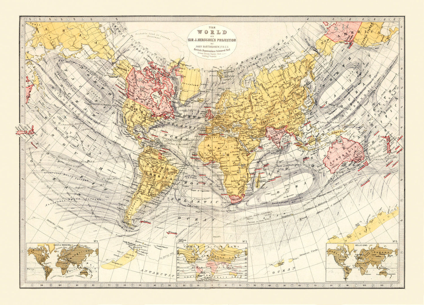 Vintage World Map, Sir John Herschel's Projection, 1871