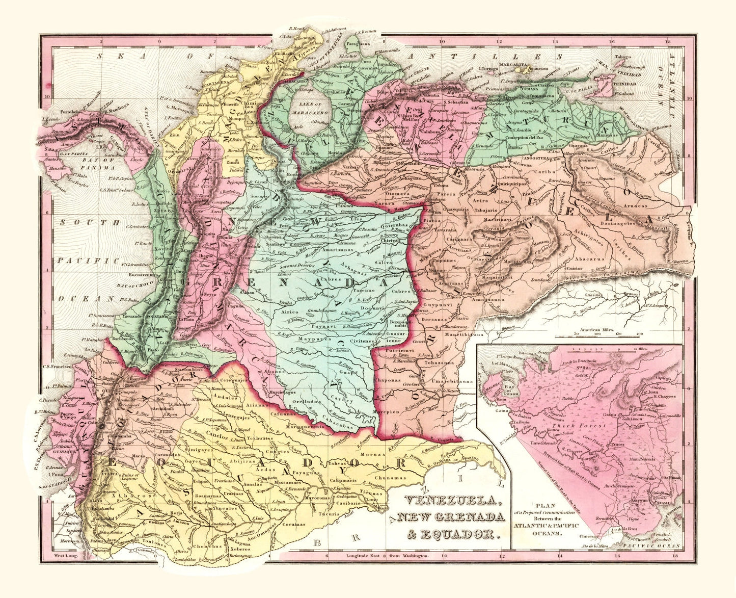 Vintage Map of Colombia, Venezuela and Ecuador, 1842