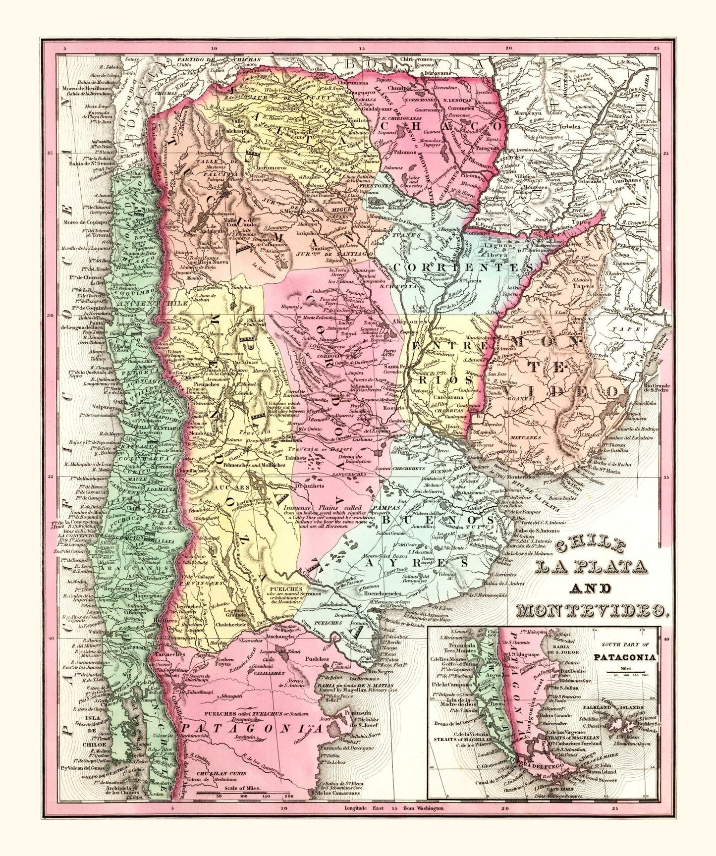 Vintage Map of Chile, Argentina and Uruguay, 1842