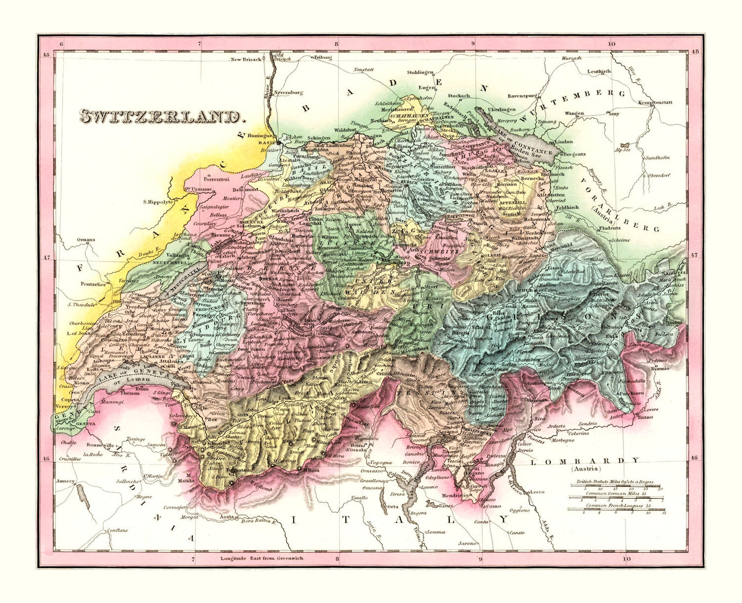 Vintage Map of Switzerland, 1836