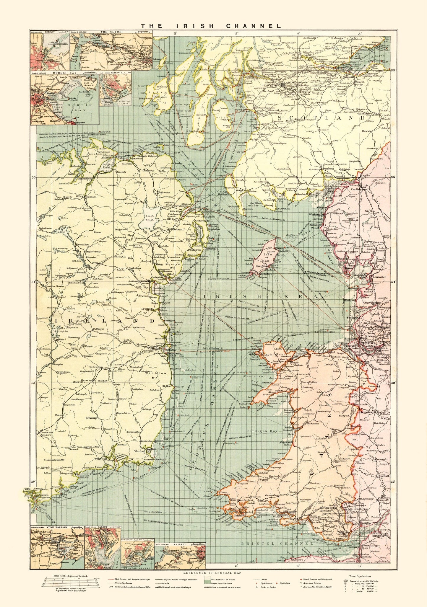 Vintage Map of the Irish Channel, 1905
