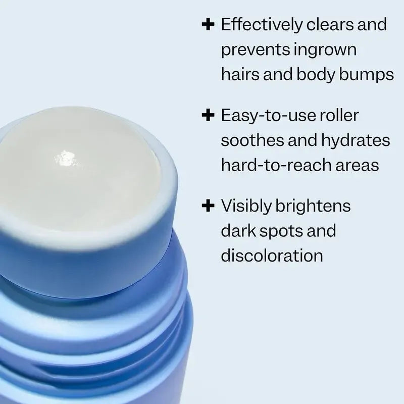 Blue cylindrical container with a white cap on a light gray background, featuring text about product benefits.