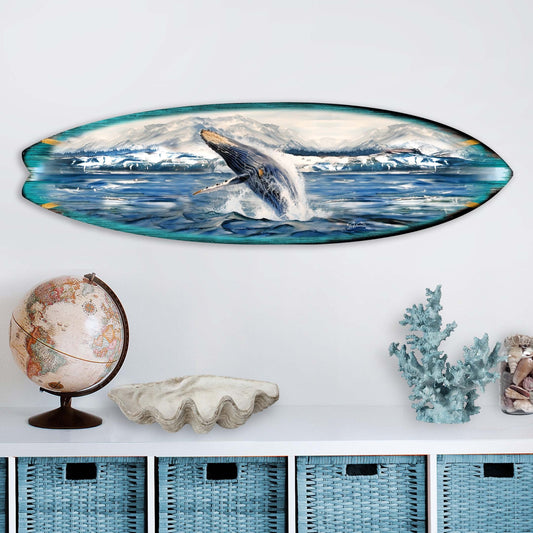 Humpback Whale Surfboard Wood Wall Art - Coastal Decor
