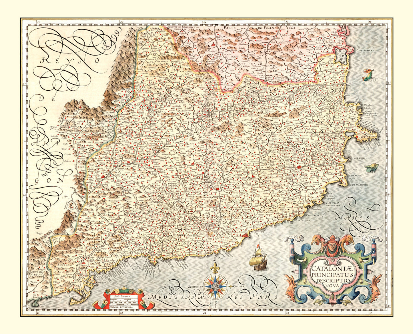 Vintage Map of Catalonia, Spain, 1623