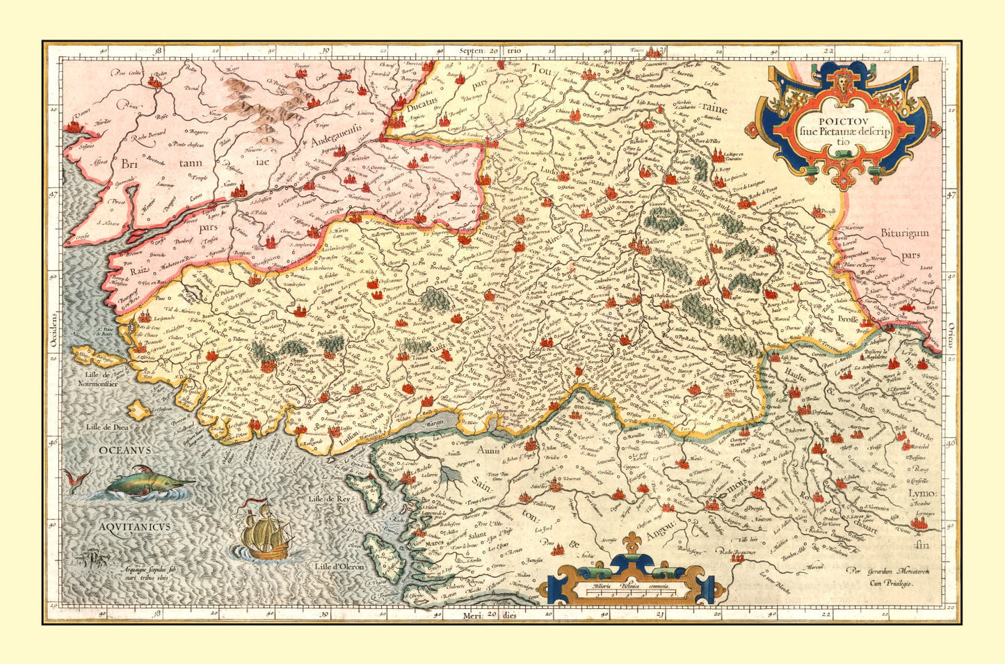 Vintage Map of Poitou, France, 1623