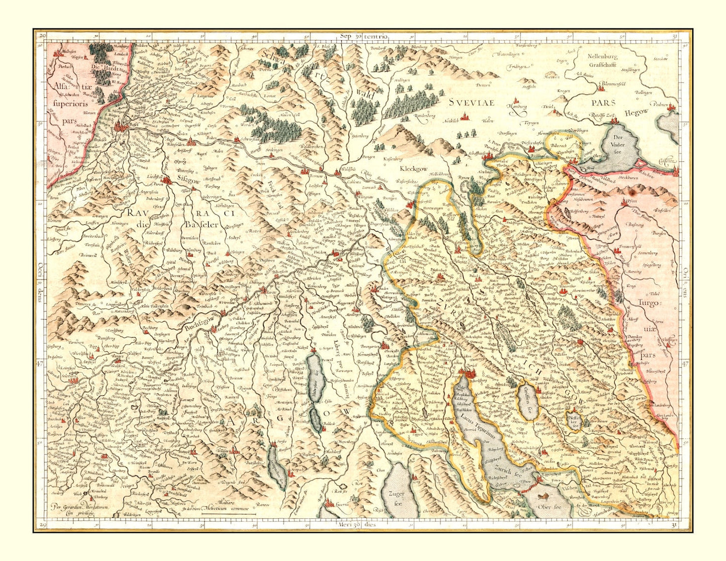 Vintage Map of Switzerland, 1623