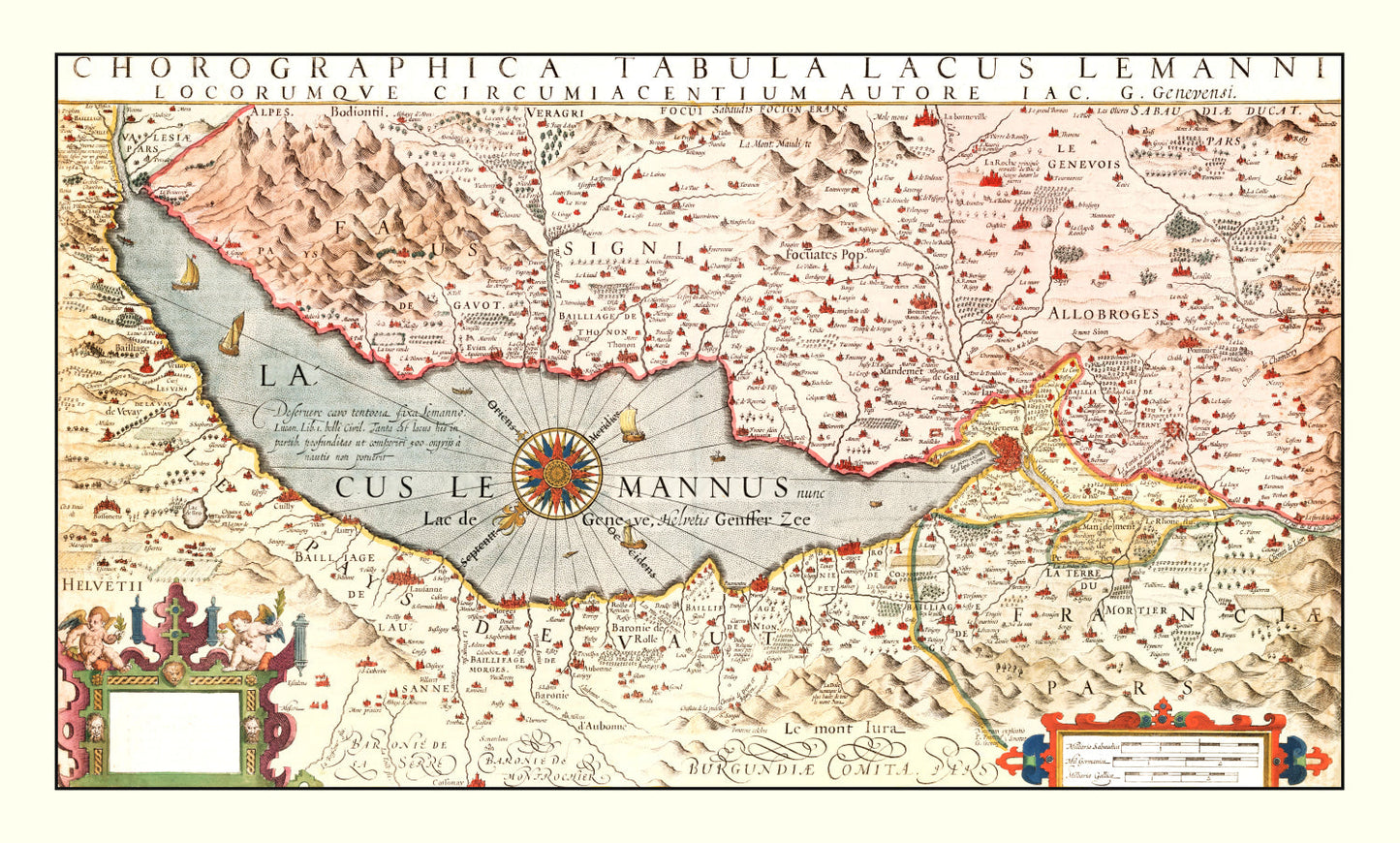 Vintage Map of Lake Geneva, Switzerland, 1623
