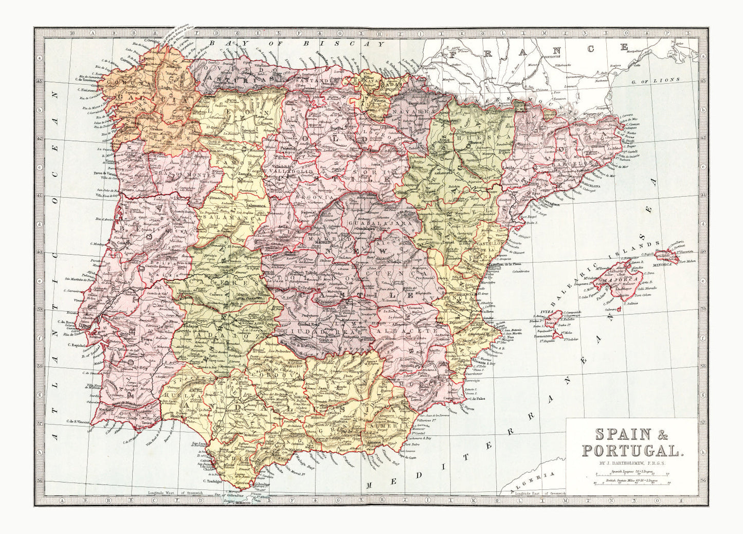 Vintage Map of Spain and Portugal, 1871
