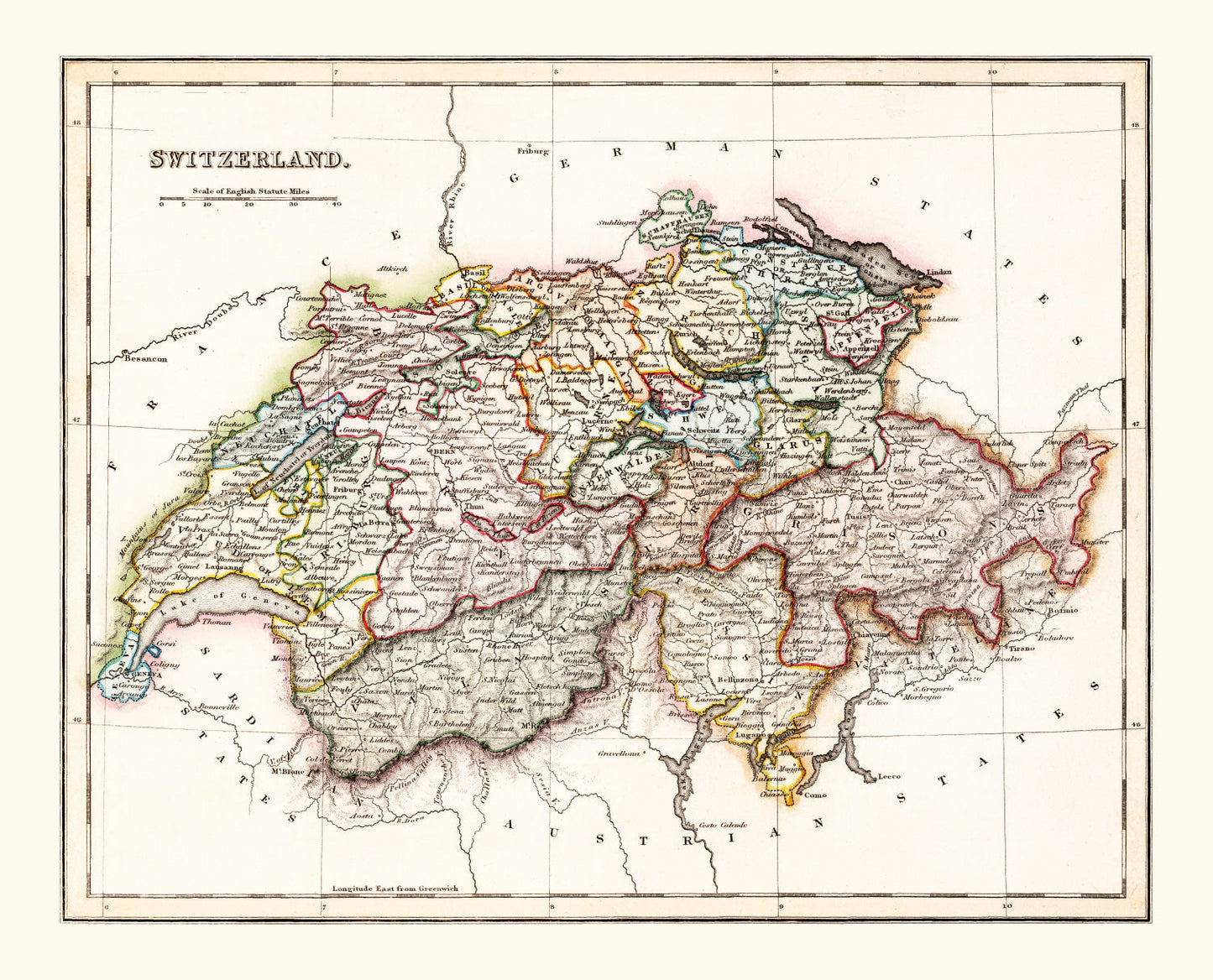 Vintage Map of Switzerland, 1832