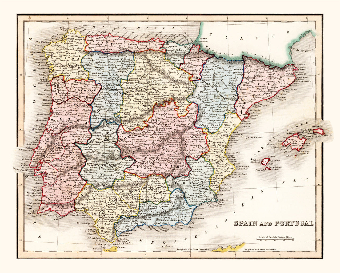 Vintage Map of Spain and Portugal, 1832