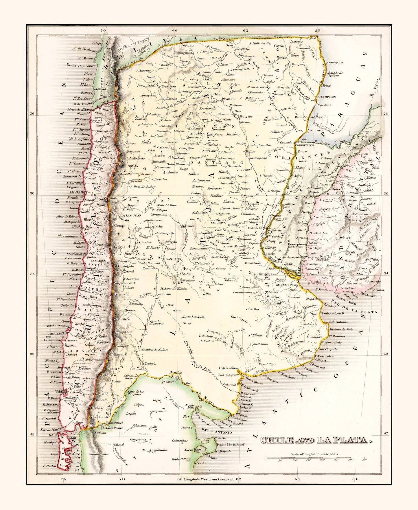 Vintage Map of Chile and La Plata, 1832