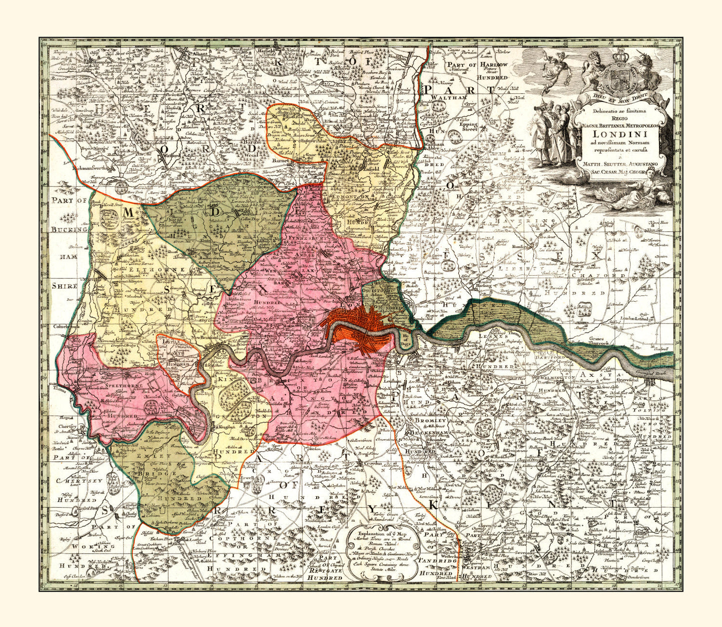 Vintage Map of London, England, 1740