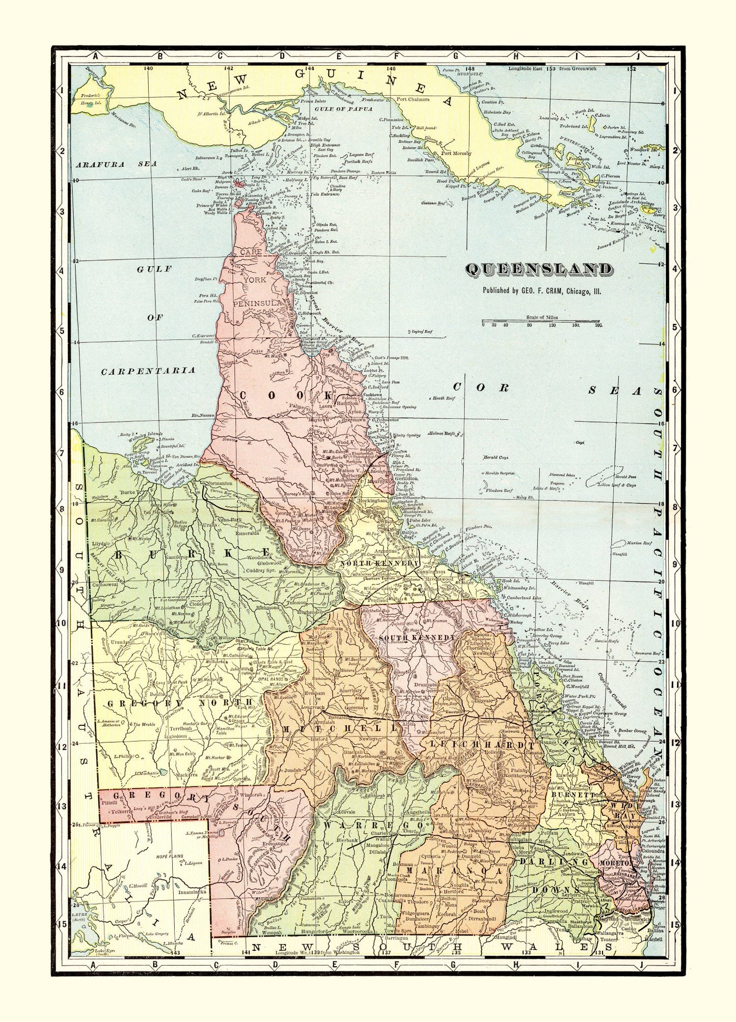 Vintage Map of Queensland, Australia, 1901