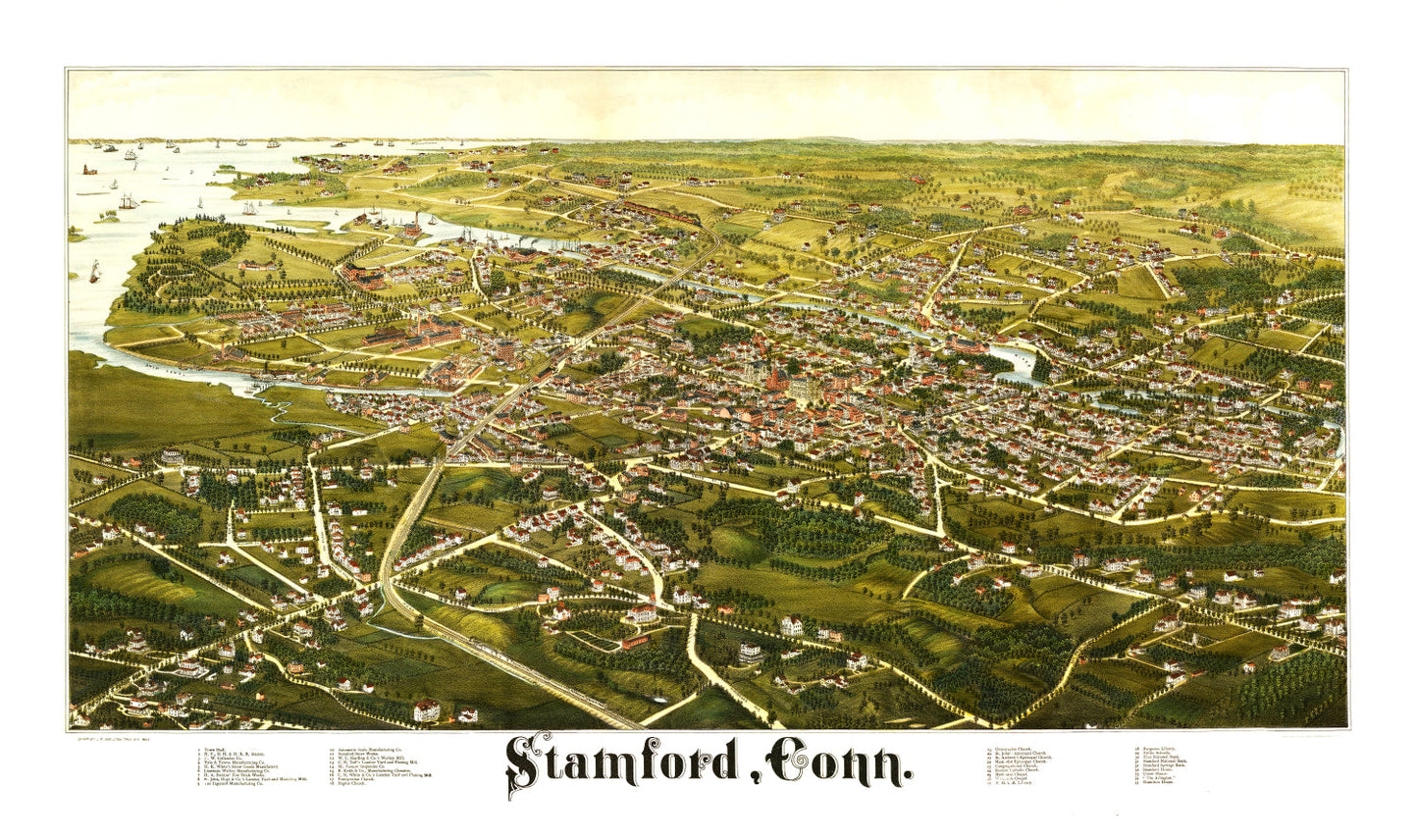 Vintage Map of Stamford, Connecticut, 1883