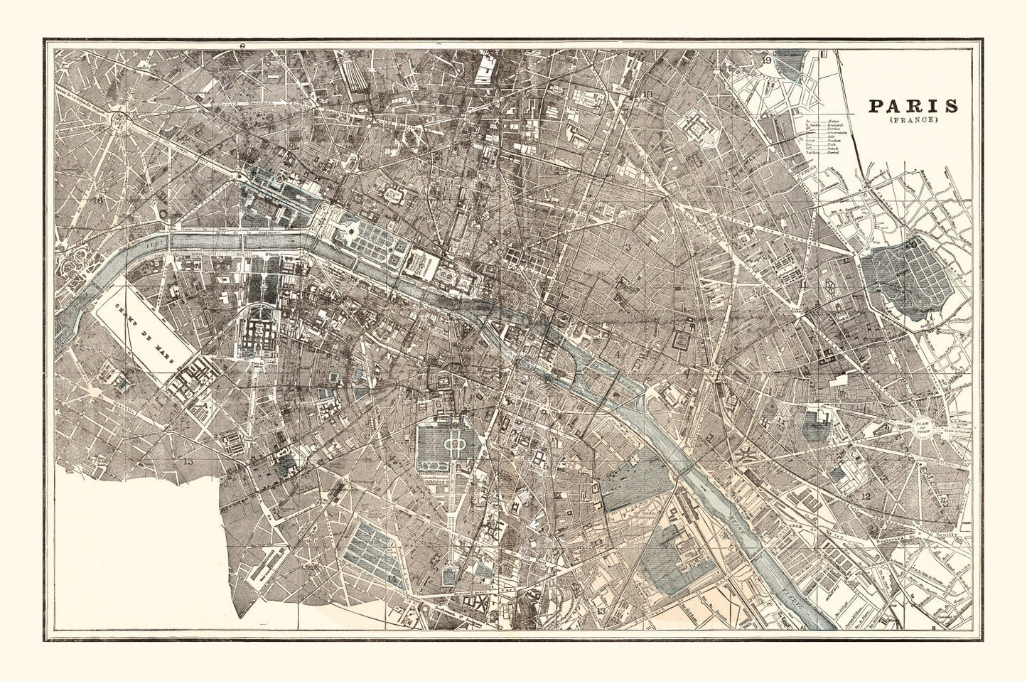 Vintage Map of Paris, France, 1893