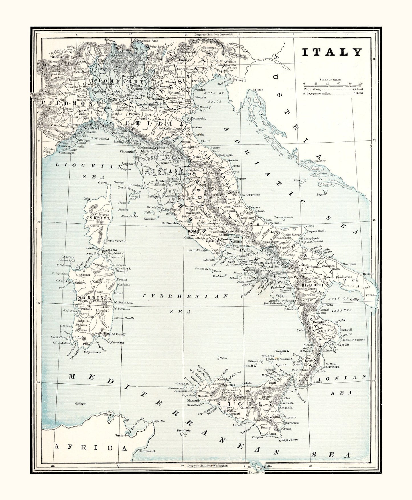 Vintage Map of Italy, 1893