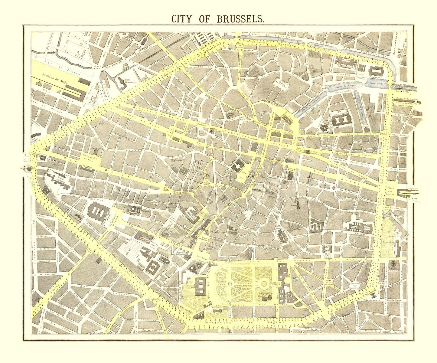 Vintage Map of Brussels, Belgium, 1883