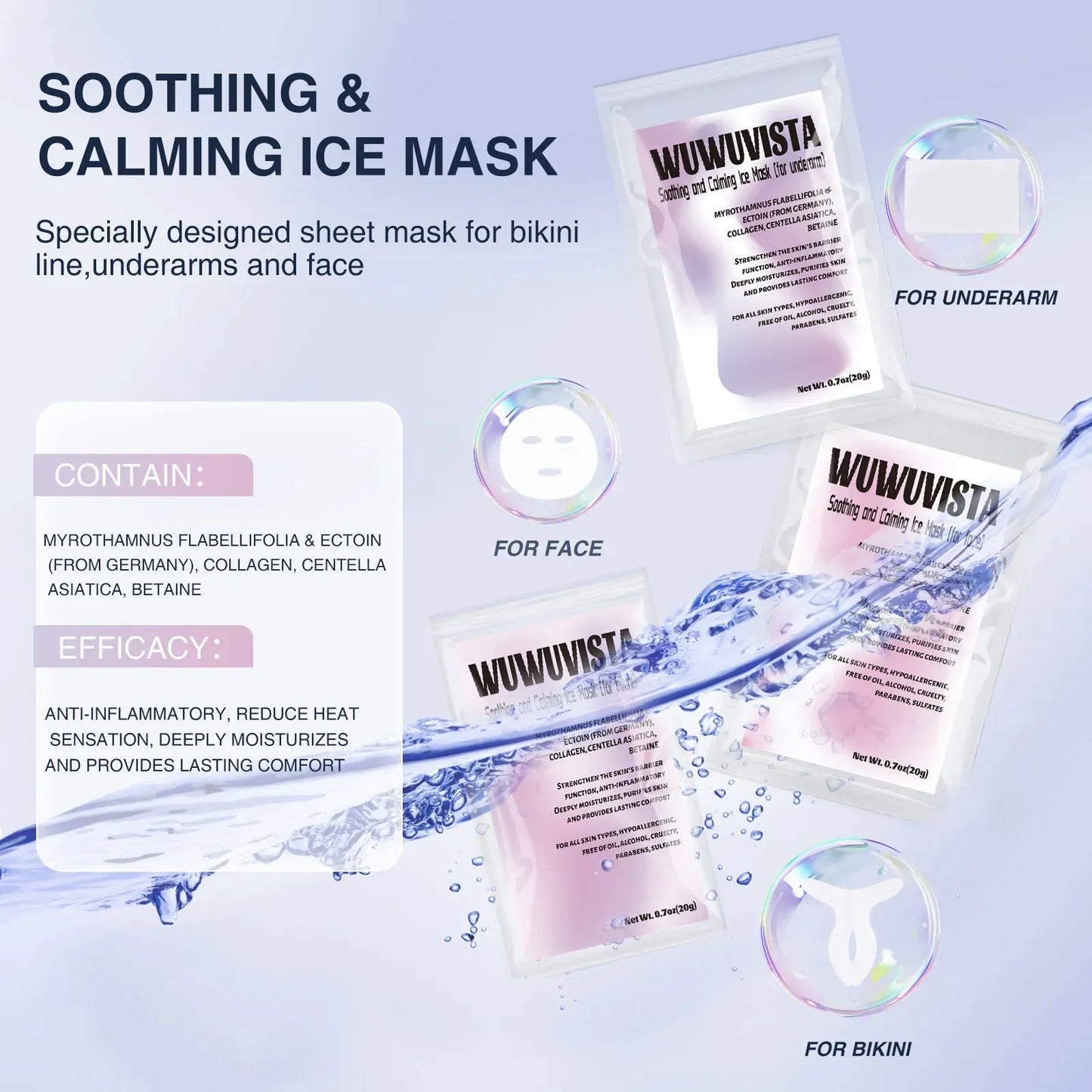 Wuuvista soothing and calming ice mask packaging with product details on a light blue background.