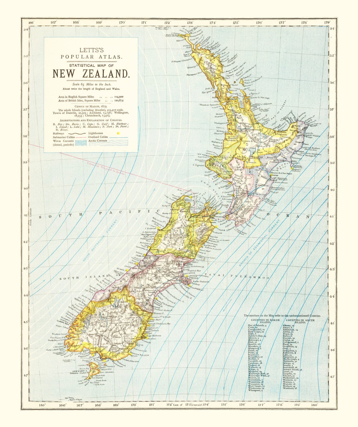 Vintage Map of New Zealand, 1883